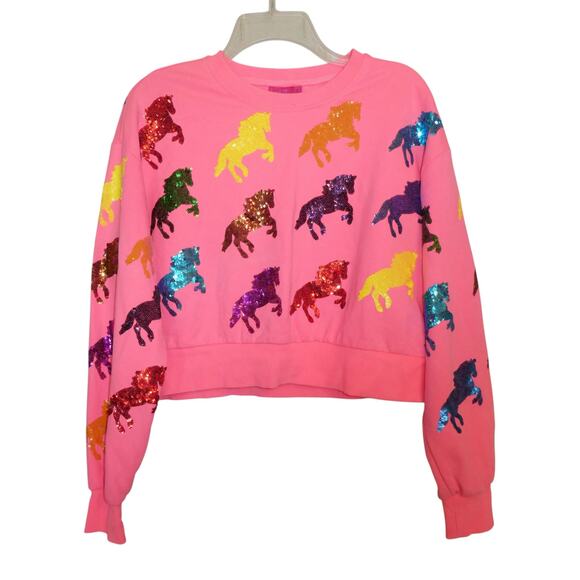 Queen of Sparkles Neon Pink Multi All Over Horse Sweatshirt Small Cowgirl Rodeo - Picture 1 of 11